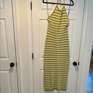 Elegant Striped Knit Halter Midi Dress - Olive and Cream
